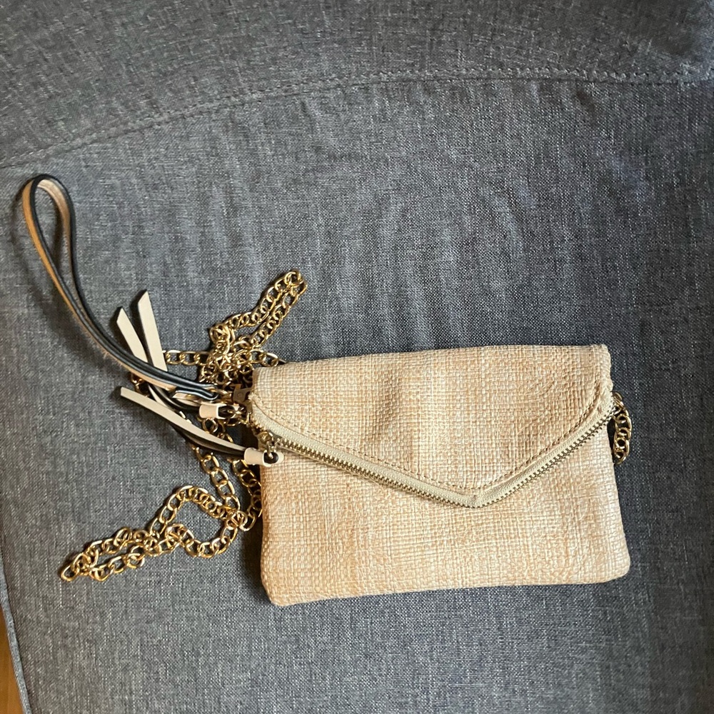 Urban Expressions Rattan Crossbody Wristlet with Gold Toned Chain
